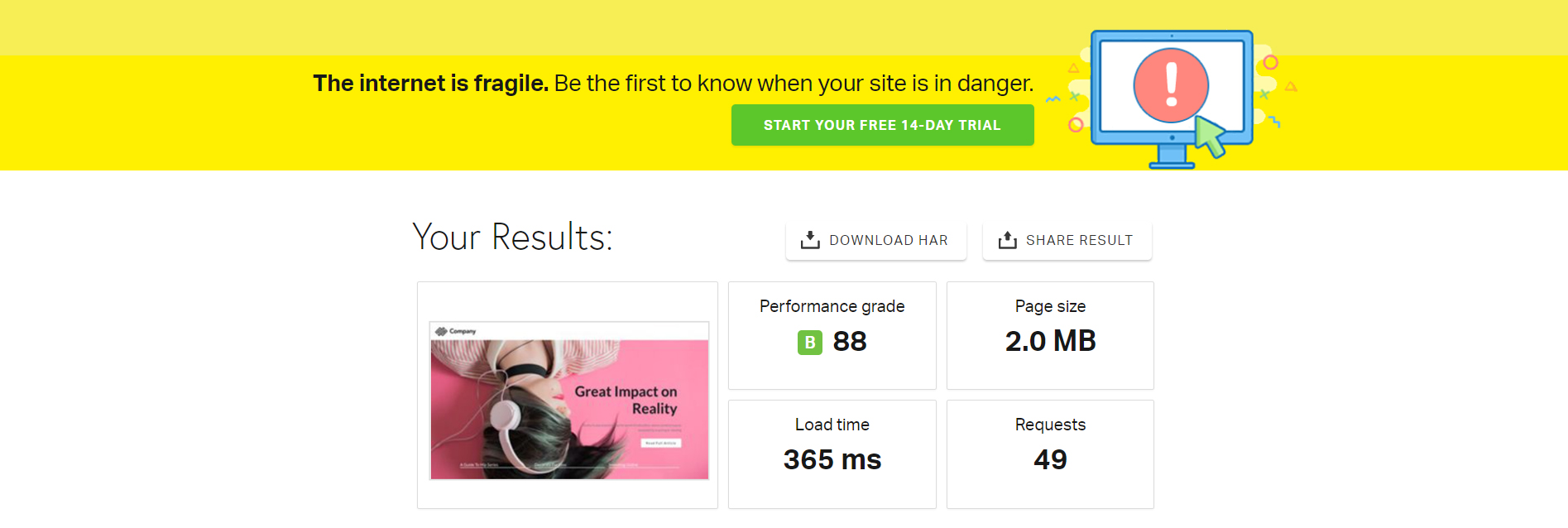 Resultado de la prueba Beaver Builder Pingdom