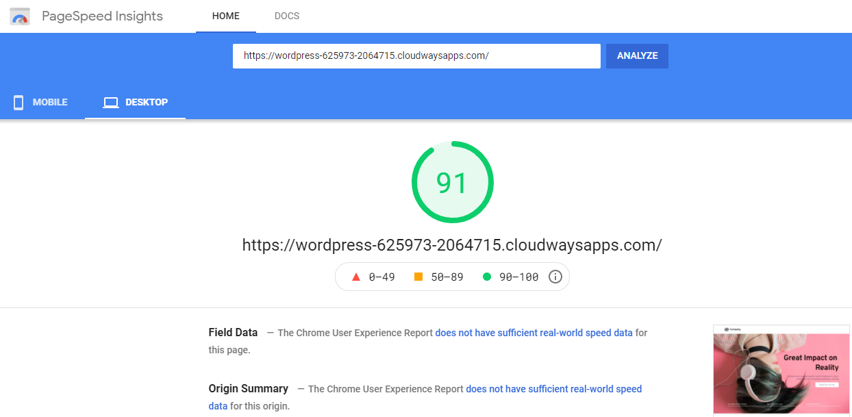 Resultado de la prueba de PageInsight