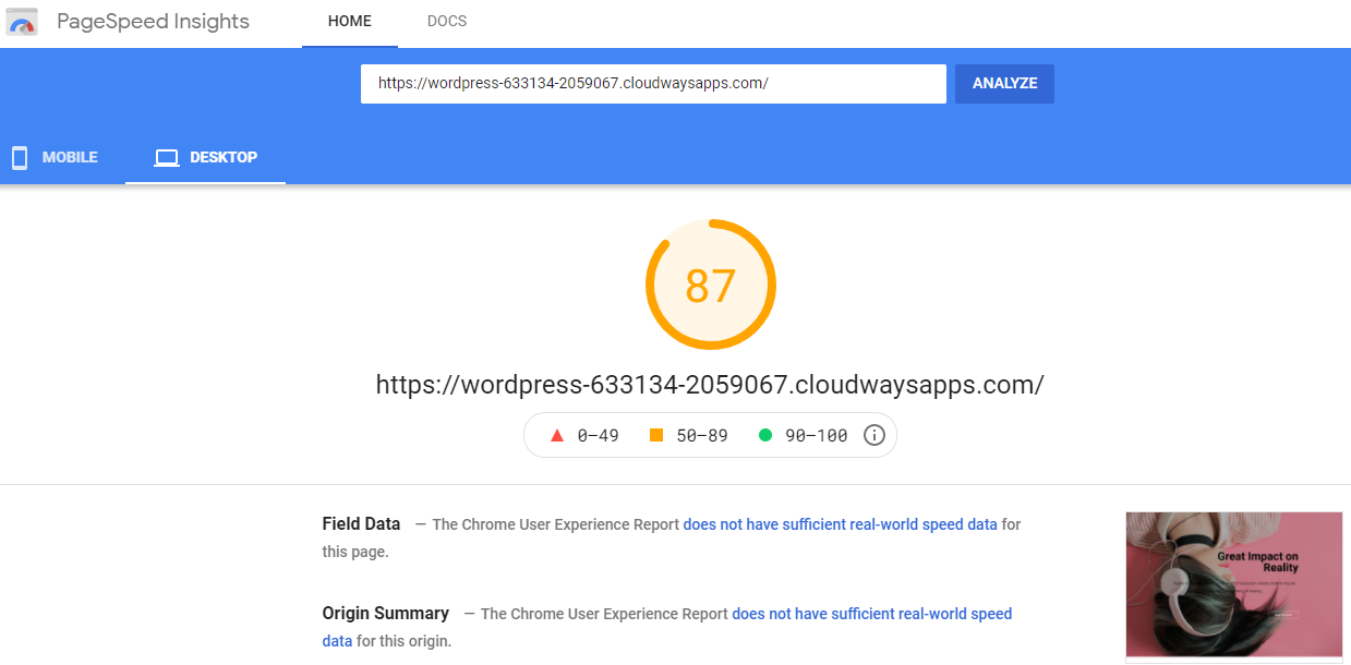 Resultado de la prueba Elementor PageSpeed ​​Insight