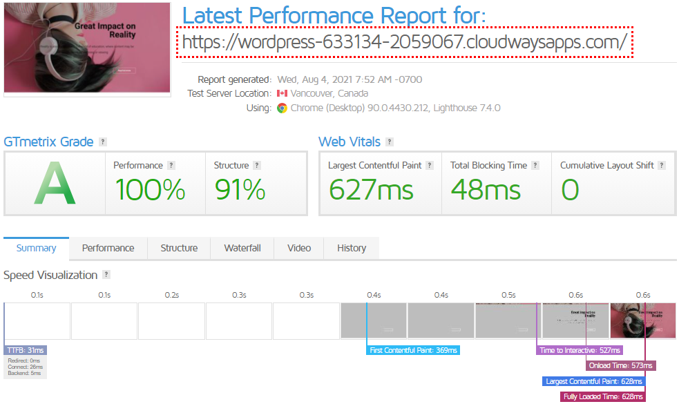 Resultado de la prueba Elementor GTMetrix