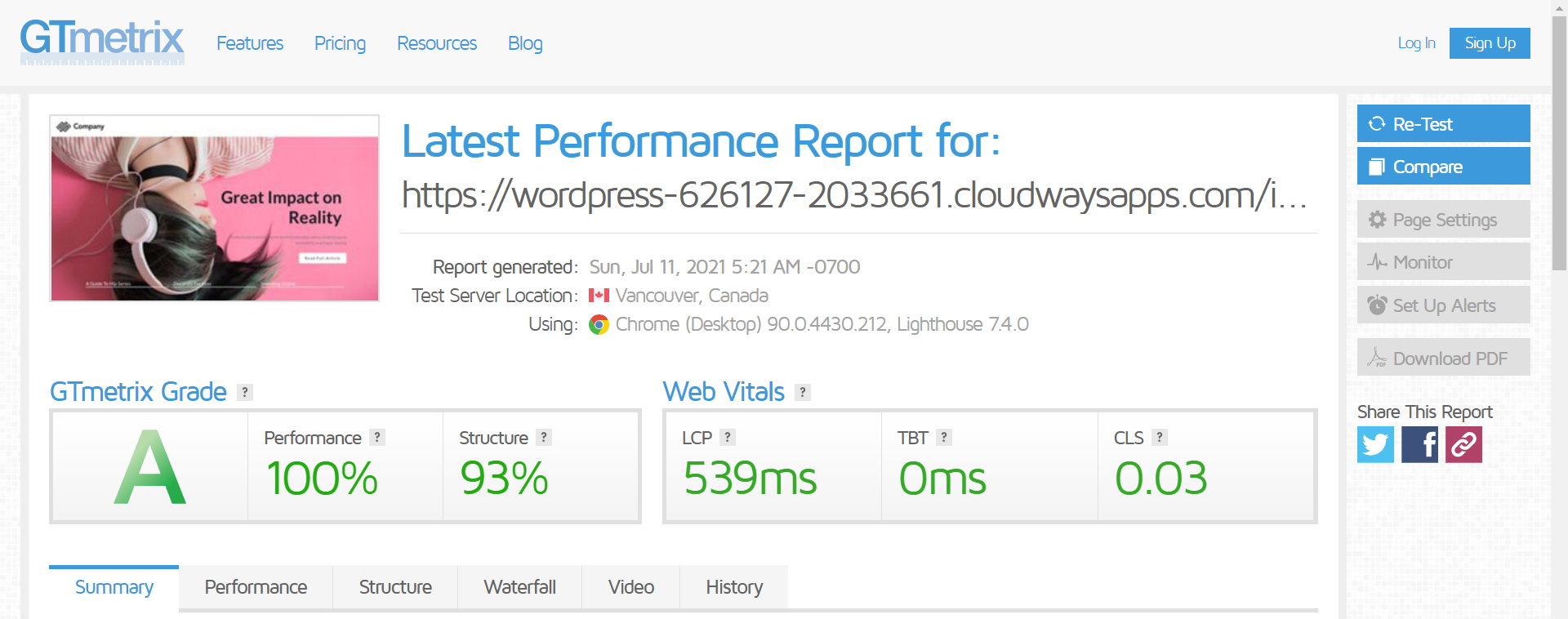 Resultado de la prueba Beaver Builder GTMetrix