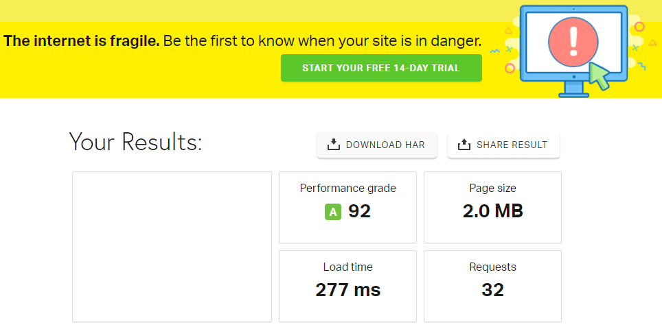 Resultado de la prueba Pingdom del generador de oxígeno