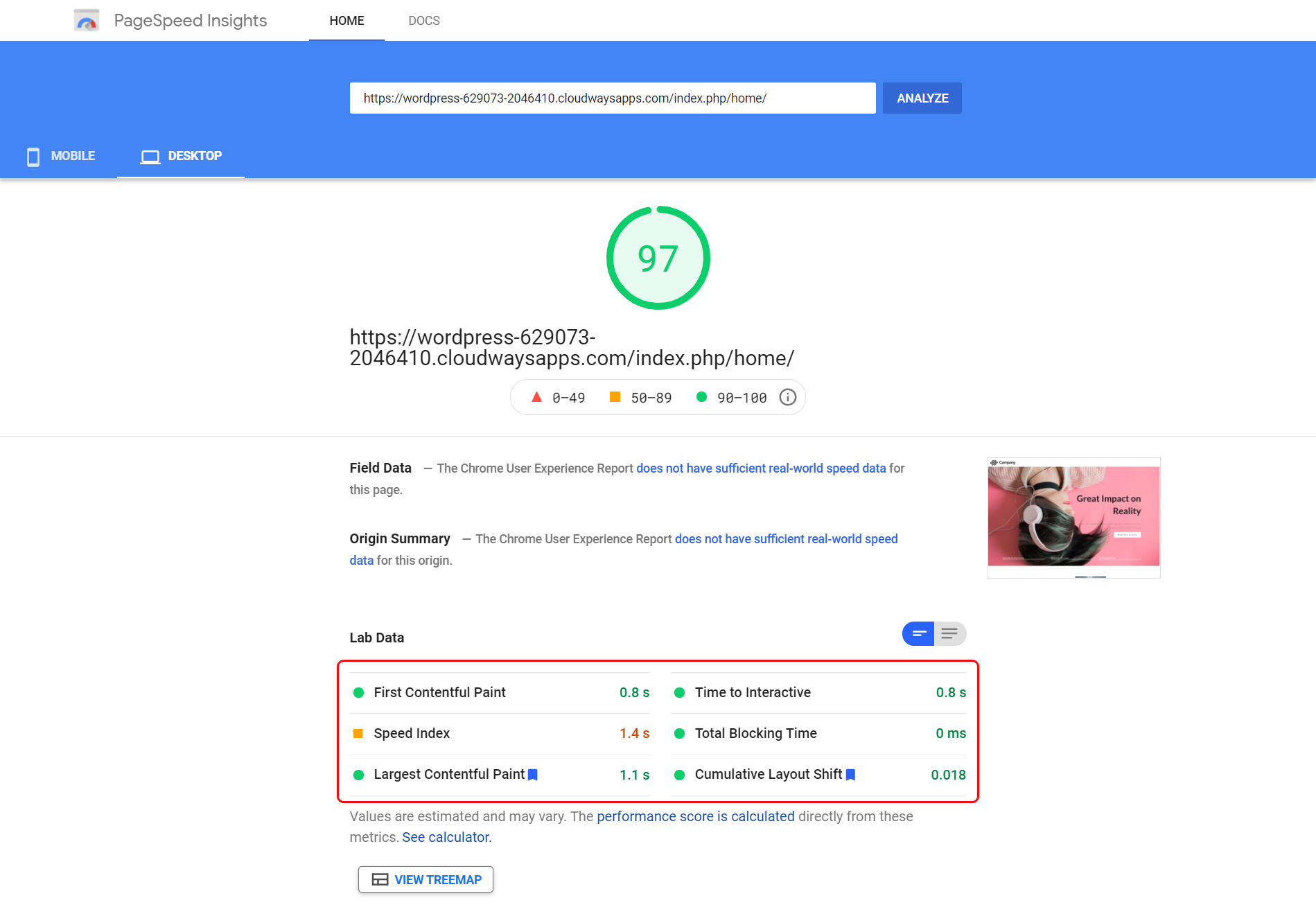 Resultado de la prueba de WP Page Builder PageSpeed ​​Insight