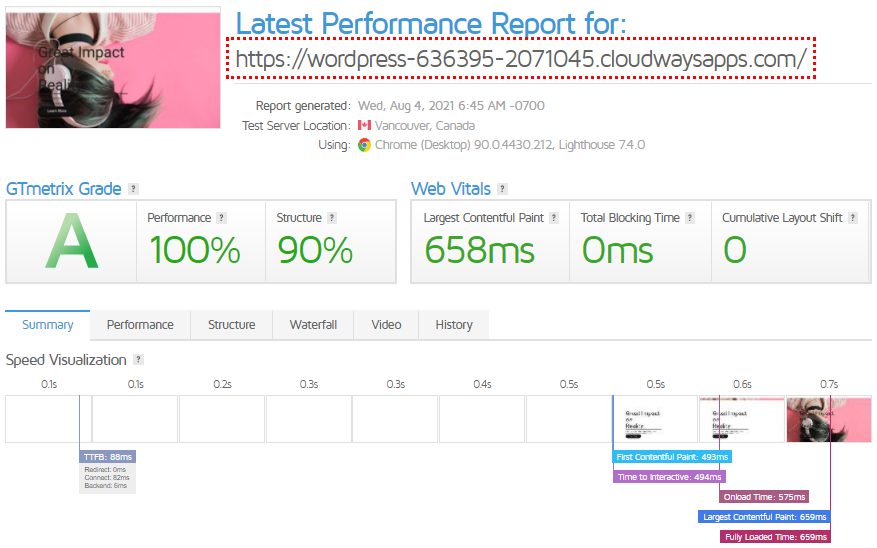 Resultado de la prueba BoldGrid GTMetrix