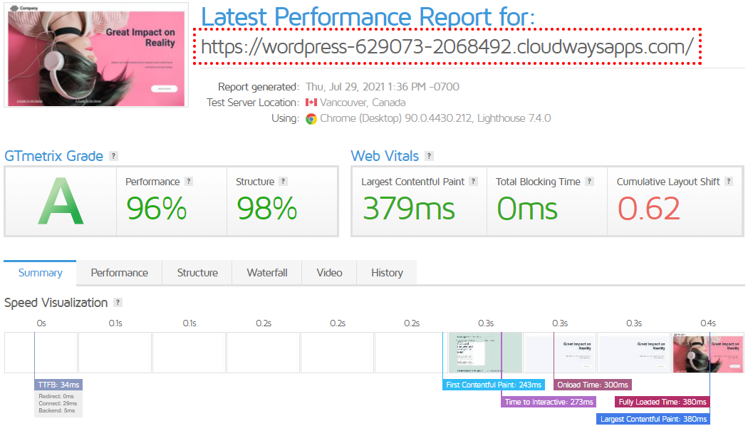 Resultado de la prueba de Zion Page builder GTMetrix