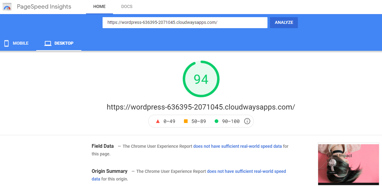 Resultado de la prueba BoldGrid PageSpeed ​​Insight