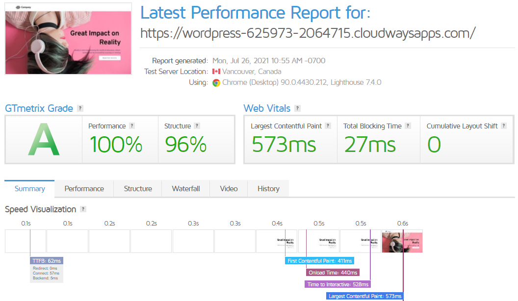 Resultado de la prueba SeedProd GTMetrix