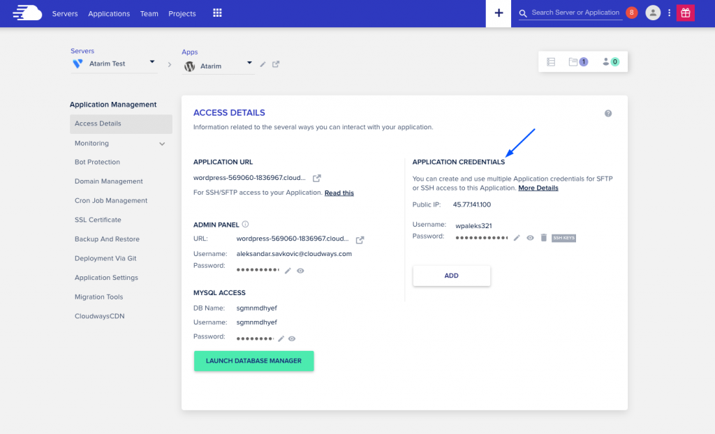 creați un utilizator sftp pe cloudways