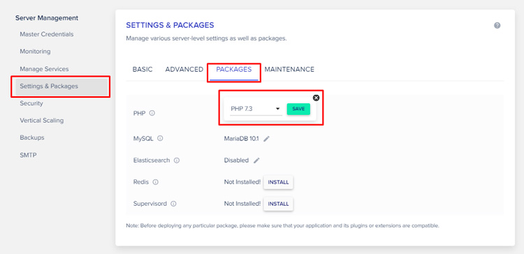 paramètres et packages du serveur