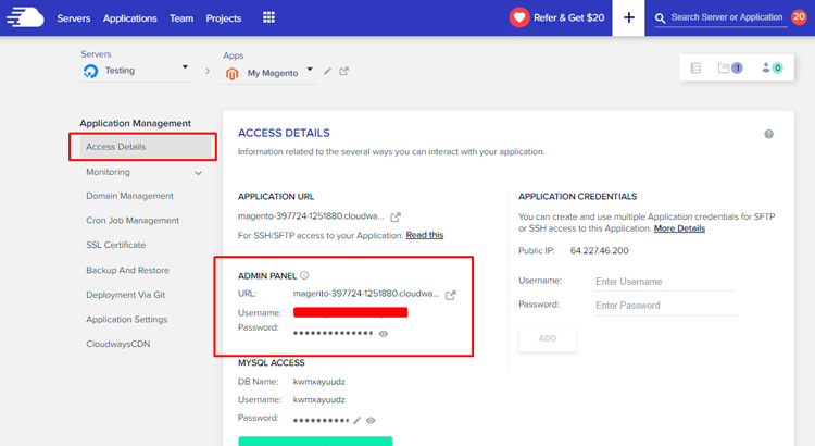Panneau d'administration cloudways Magento