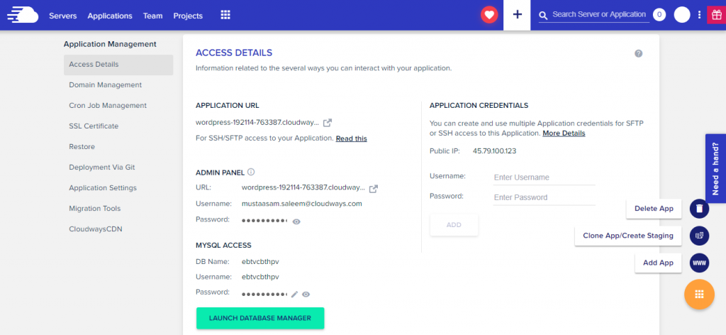 Управление приложениями Cloudways