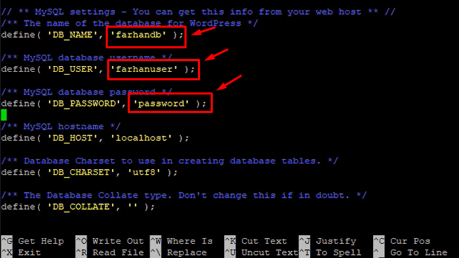 changer le nom d'utilisateur, la base de données et le mot de passe