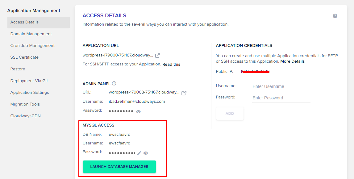 Cloudways'deki WordPress sitesinin veritabanı adı