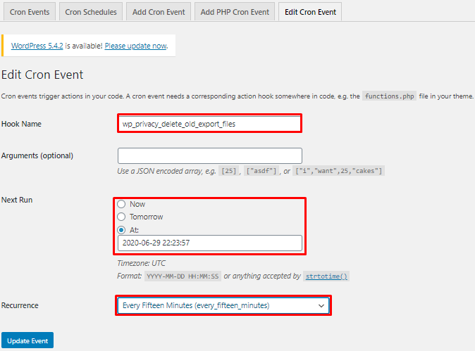 editați evenimente cron