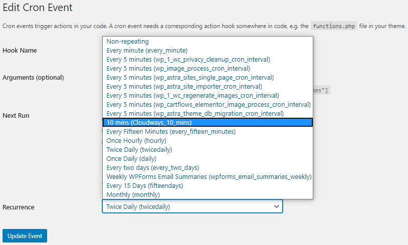 editează evenimentul cron
