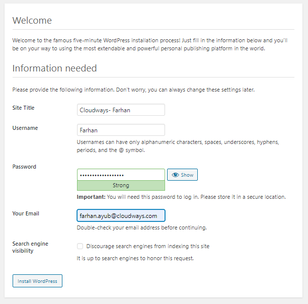 informações do wordpress