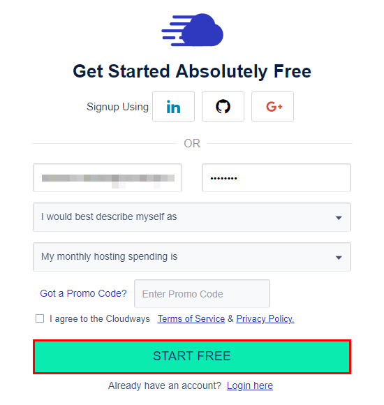 inscrição no cloudways