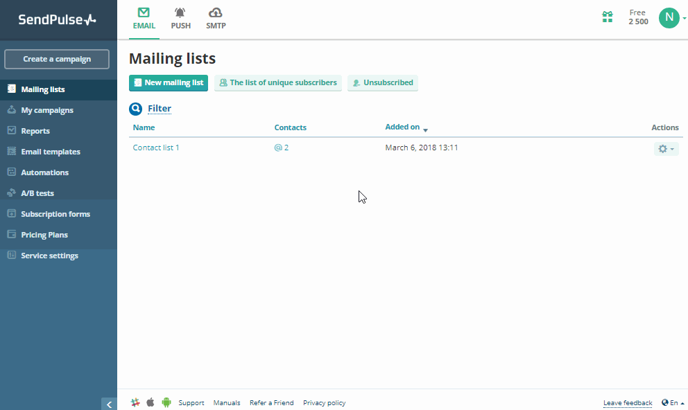 menu moduli di iscrizione sendpulse