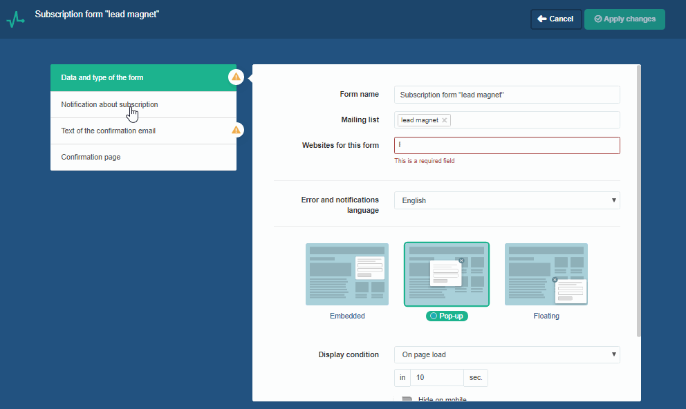 opzioni del modulo sendpulse