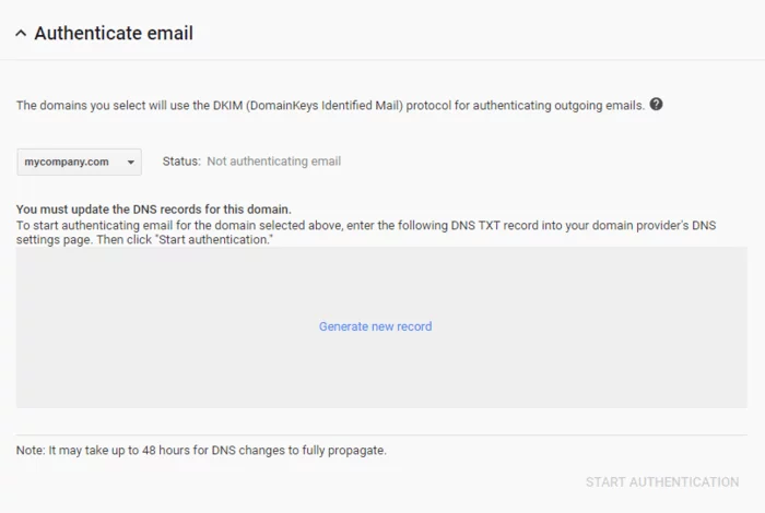 crearea unei noi înregistrări dkim creating new dkim record