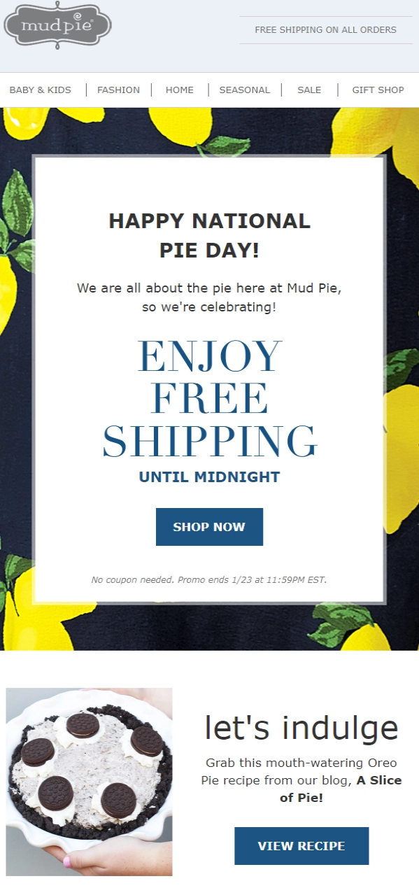 An email dedicated to Pie Day from Mud Pie