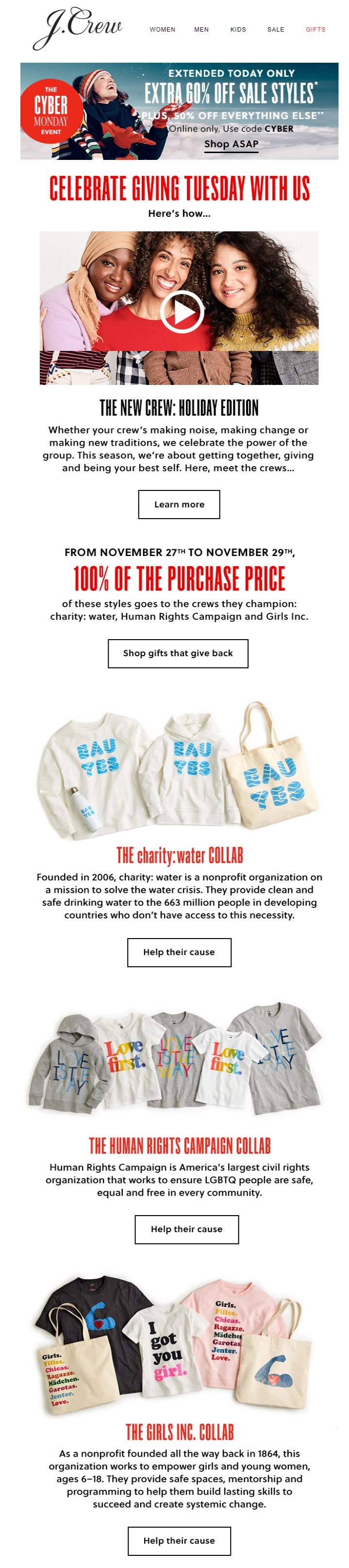 J.Crew'un çevrimiçi mağazasından bir Giving Salı e-postası A Giving Tuesday email from J.Crew’s online store