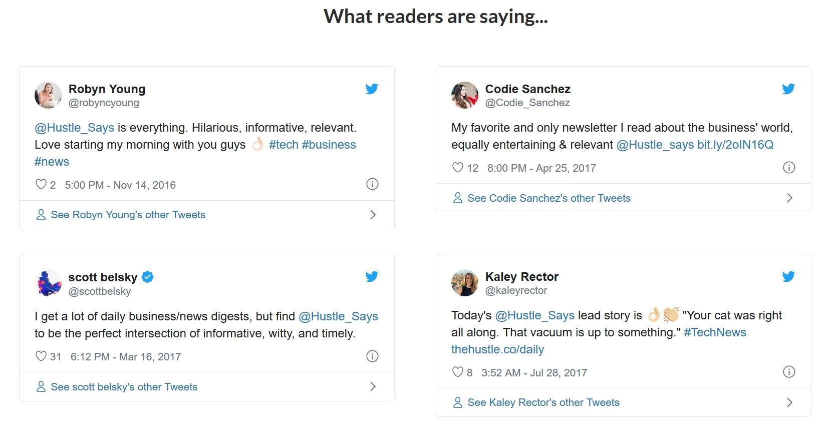 تستخدم تغريدات القراء كدليل اجتماعي Readers’ tweets used as social proof