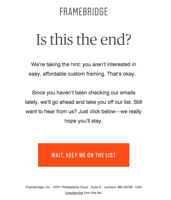 Framebridge 重新参与电子邮件 Framebridge re-engagement email