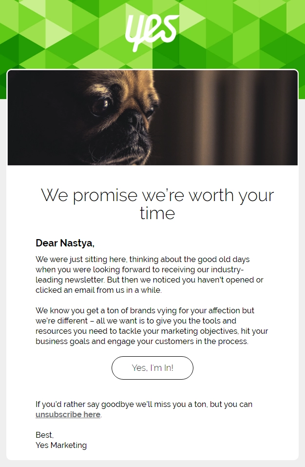 是的营销再参与电子邮件示例 yes marketing re-engagement email example