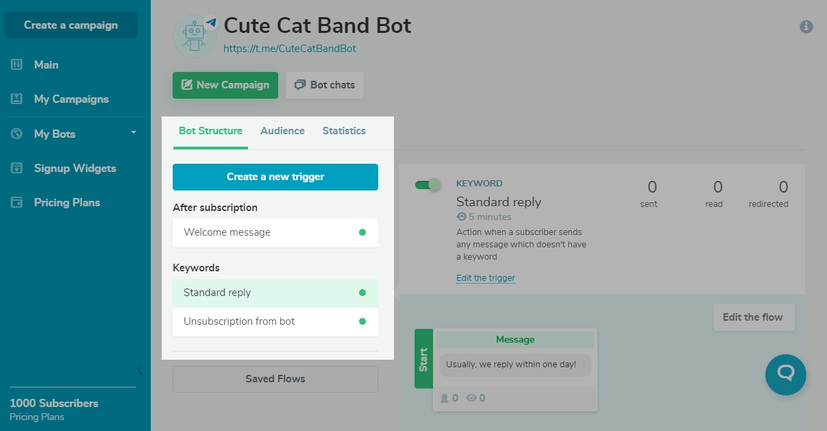 chatbot predefined triggers