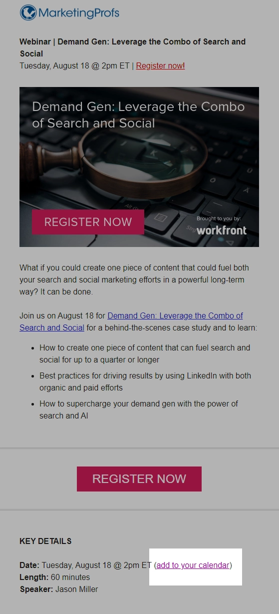 exemple de lien "ajouter au calendrier" dans un e-mail example of "add to calendar" link in email