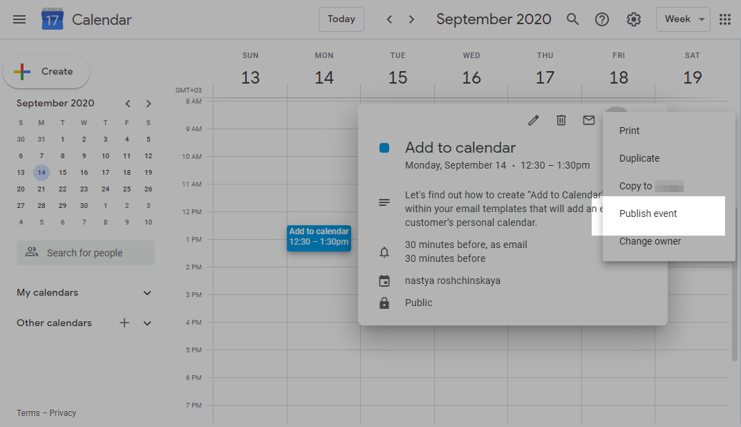 publication d'un événement de calendrier dans Google Agenda publishing calendar event in Google Calendar