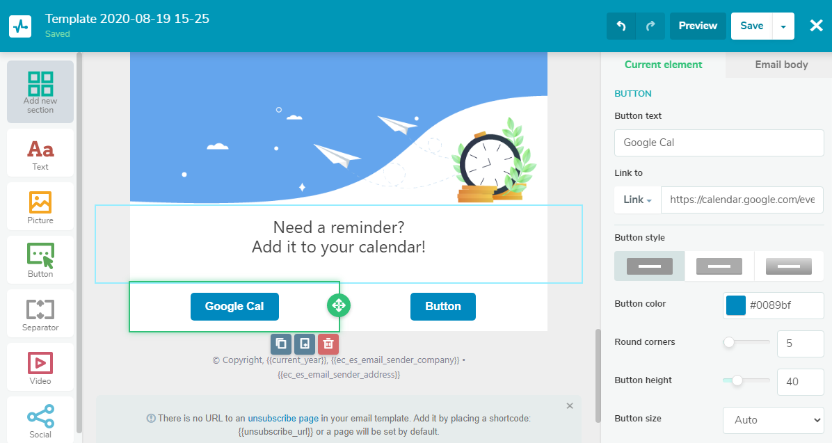 Boutons « Ajouter au calendrier » dans le modèle d'e-mail “Add to calendar” buttons in email template