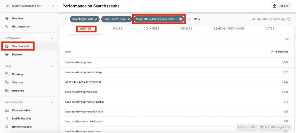 ページの用語のリストを含む検索コンソール Search Console with a list of terms for a page
