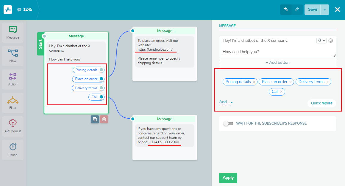 сообщение чат-бота с быстрыми ответами chatbot message with quick replies