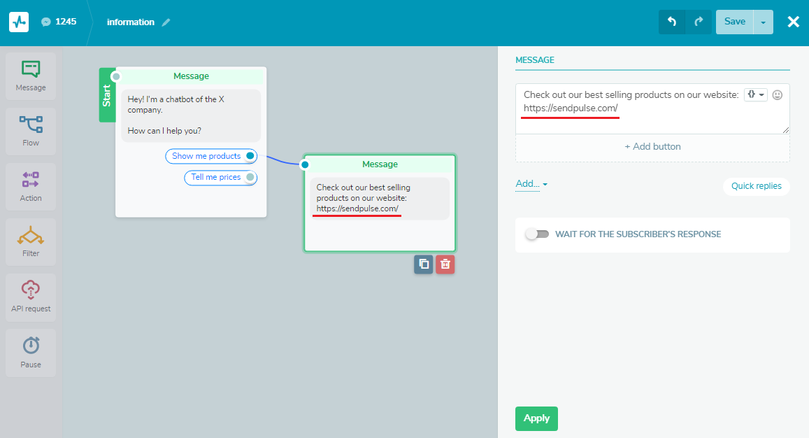 ссылка на каталог в сообщении чат-бота catalog link in chatbot message
