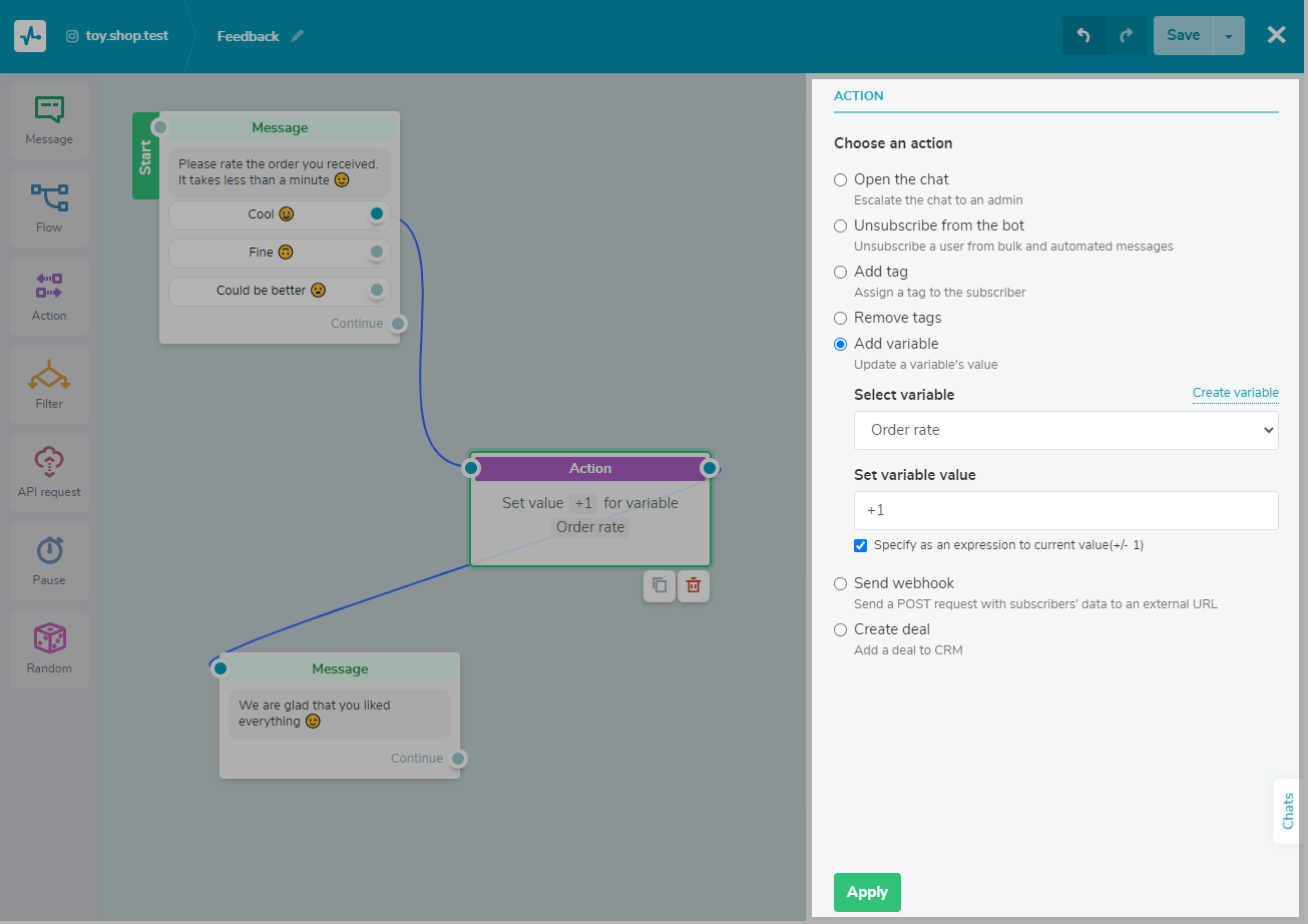 Действия необходимы, чтобы сделать вашего бота более разговорчивым и гибким Actions are necessary for making your bot more conversational and flexible