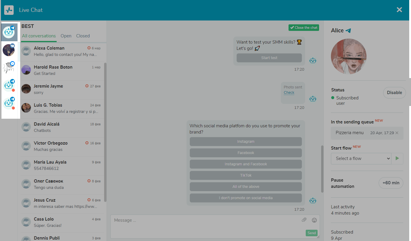 Переключайтесь между своими каналами, нажимая на значки на правой боковой панели. Switch between your channels by clicking on the icons on the right sidebar