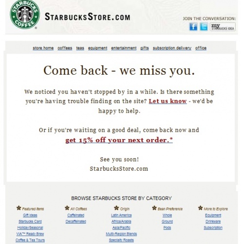 E-mailul magazinului Starbucks