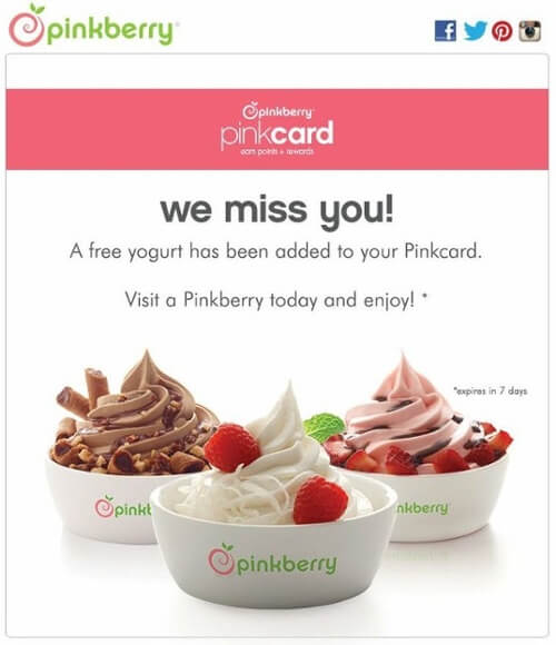 E-mail dotyczący ponownego zaangażowania Pinkberry Pinkcard