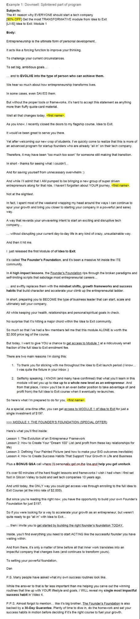 Exemple de marketing par e-mail downsell