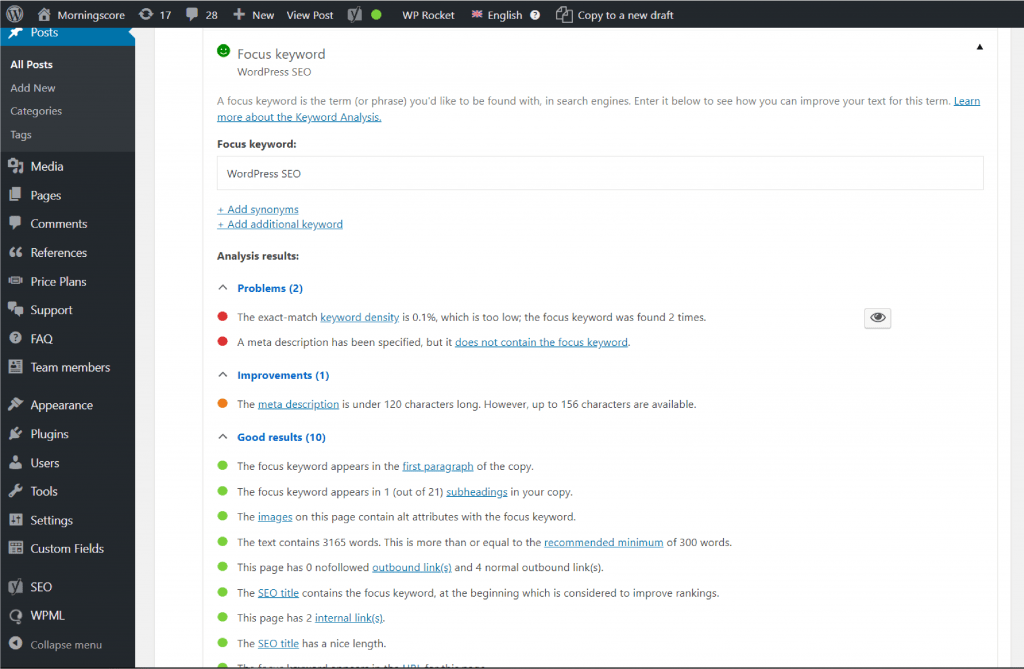 Analyse des mots clés et des mots clés de Yoast SEO pour les problèmes liés aux mots clés dans WordPress SEO