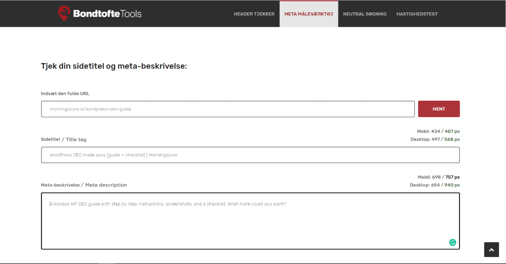 Utilisation de l'outil Metatjekker pour optimiser la longueur en pixels de la balise de titre et de la méta description
