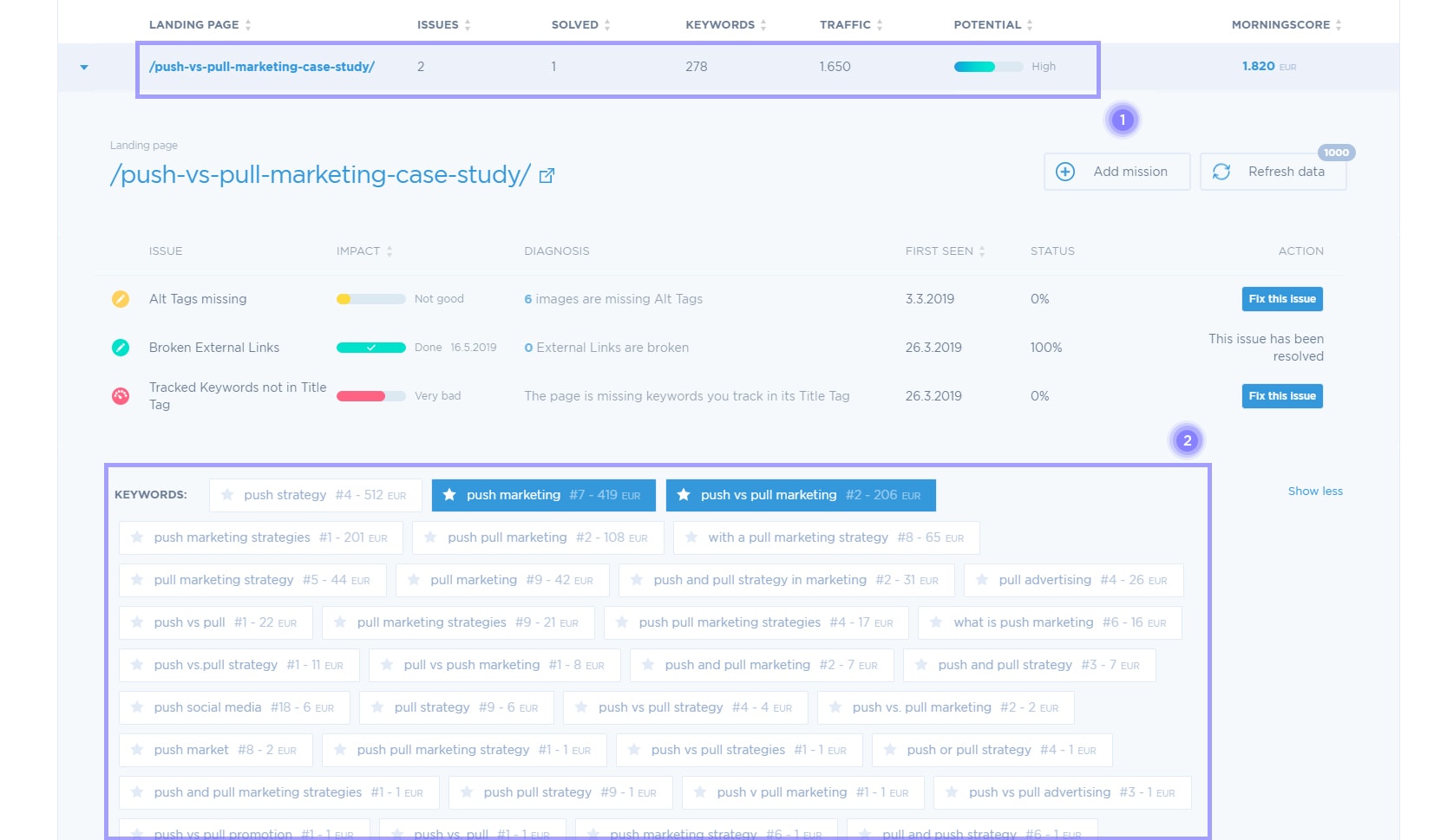 busque palabras clave para cada página de destino automáticamente con morningscore