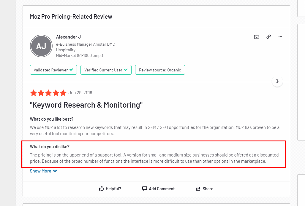 moz pro 定价计划用户评论