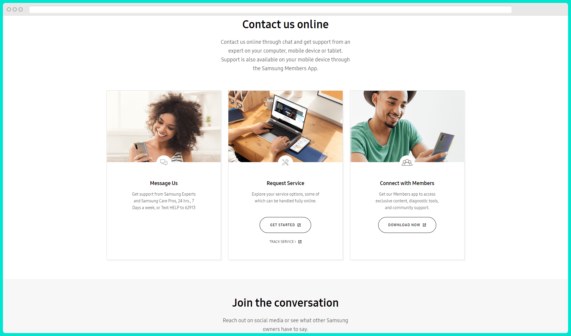 Przykład seo strony kontaktowej firmy Samsung Zapytaj społeczność o wezwania do działania