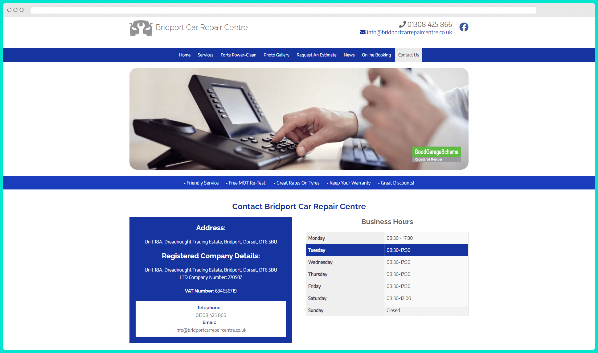 Przykład seo strony kontaktowej w bridport w górnej części ekranu