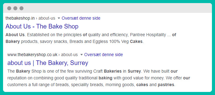 ตัวอย่างแท็กชื่อและคำอธิบายเมตาสองตัวอย่างสำหรับหน้าเกี่ยวกับเรา อันแรกสร้างโดยอัตโนมัติโดย Google และอันที่สองได้รับการปรับให้เหมาะสมสำหรับเครื่องมือค้นหา