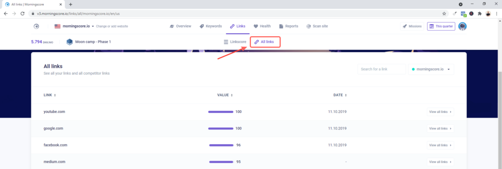 คลิกที่ลิงค์ทั้งหมดในเมนูการนำทาง
